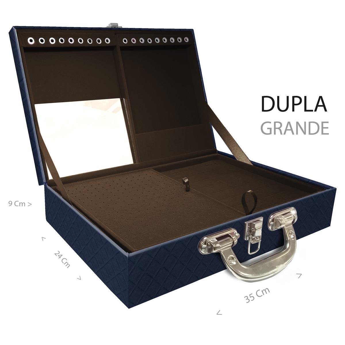 Estojo Maleta Porta Jóias Duplo Grande Dijon Azul Marinho Com Alça Cromada e Espelho