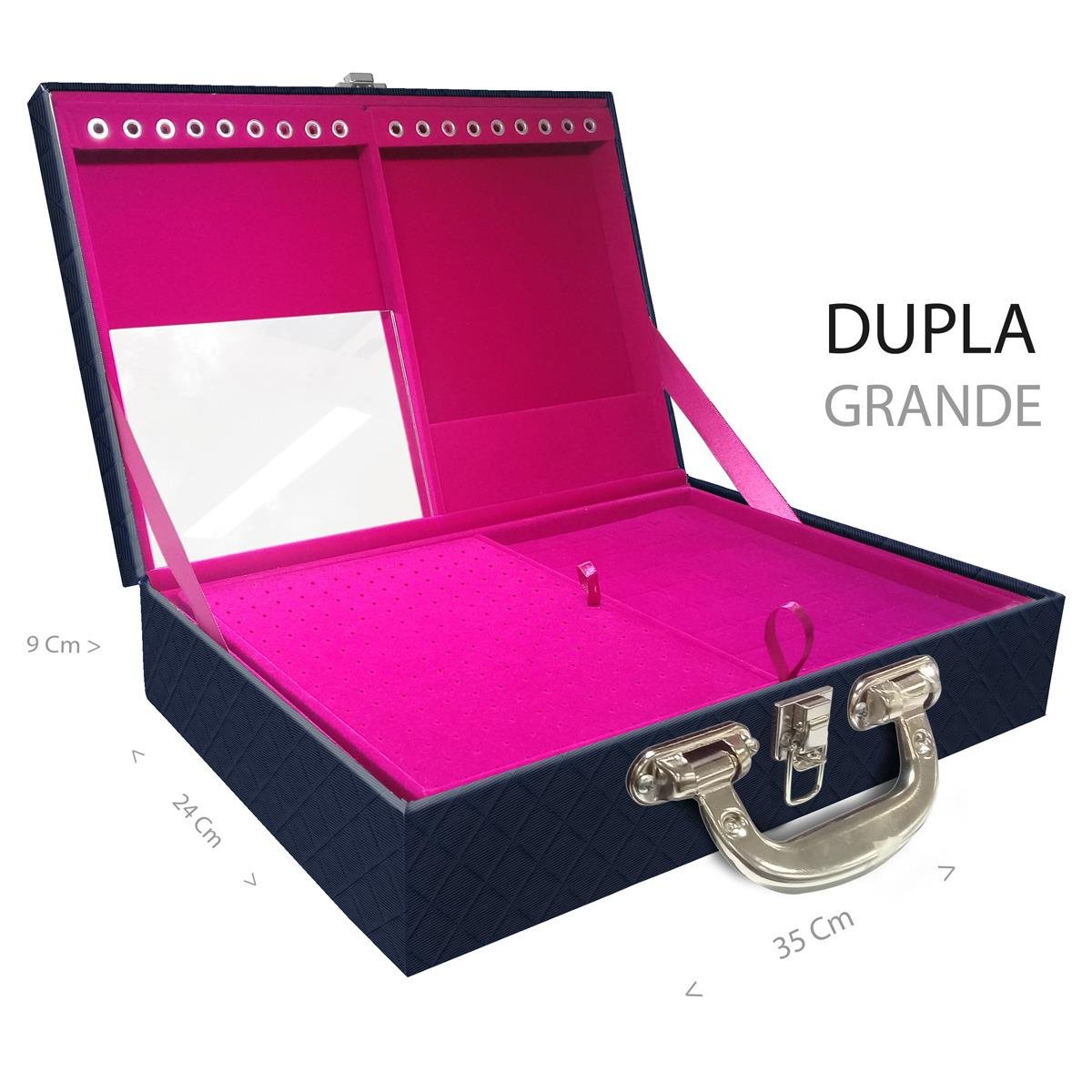 Estojo Maleta Porta Jóias Duplo Grande Dijon Azul Marinho Com Alça Cromada e Espelho