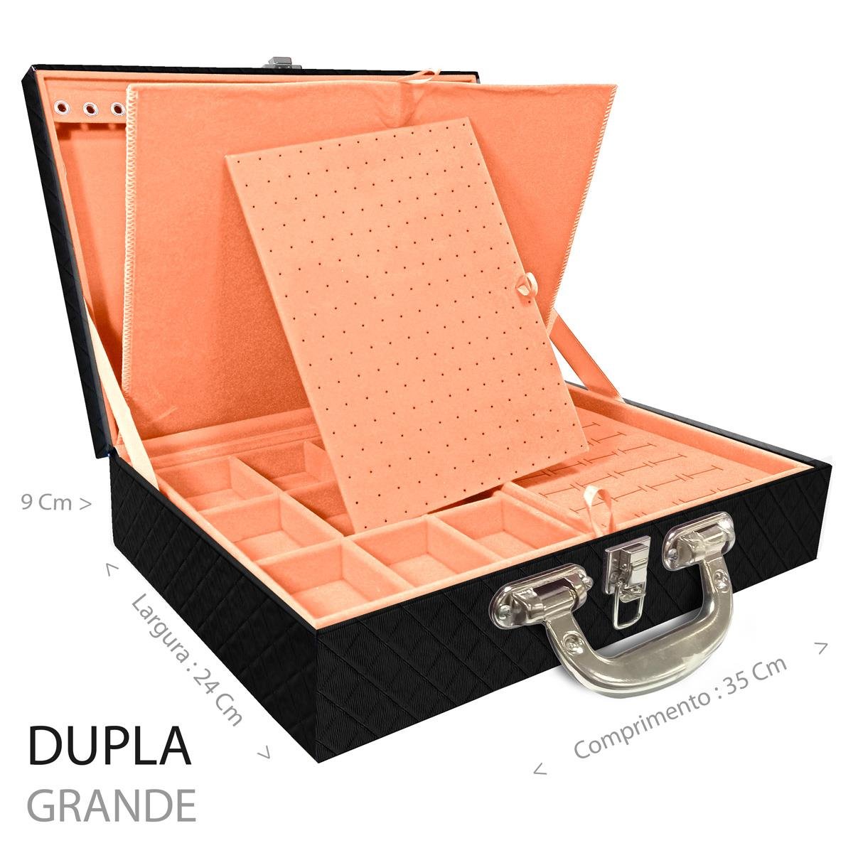 Estojo Maleta Porta Jóias Dupla Grande Dijon Preto Com Alça Cromada e Imã