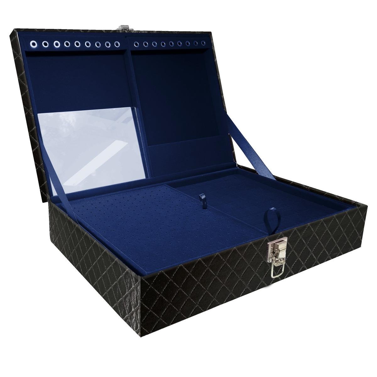 Estojo Maleta Porta Jóias Dupla Grande Dijon Preto Metalizado Sem Alça e Com Espelho