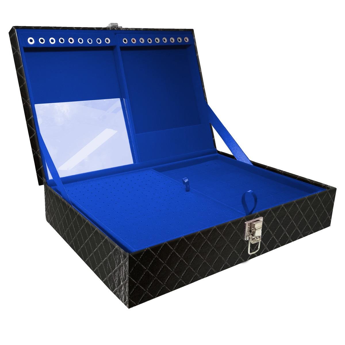 Estojo Maleta Porta Jóias Dupla Grande Dijon Preto Metalizado Sem Alça e Com Espelho