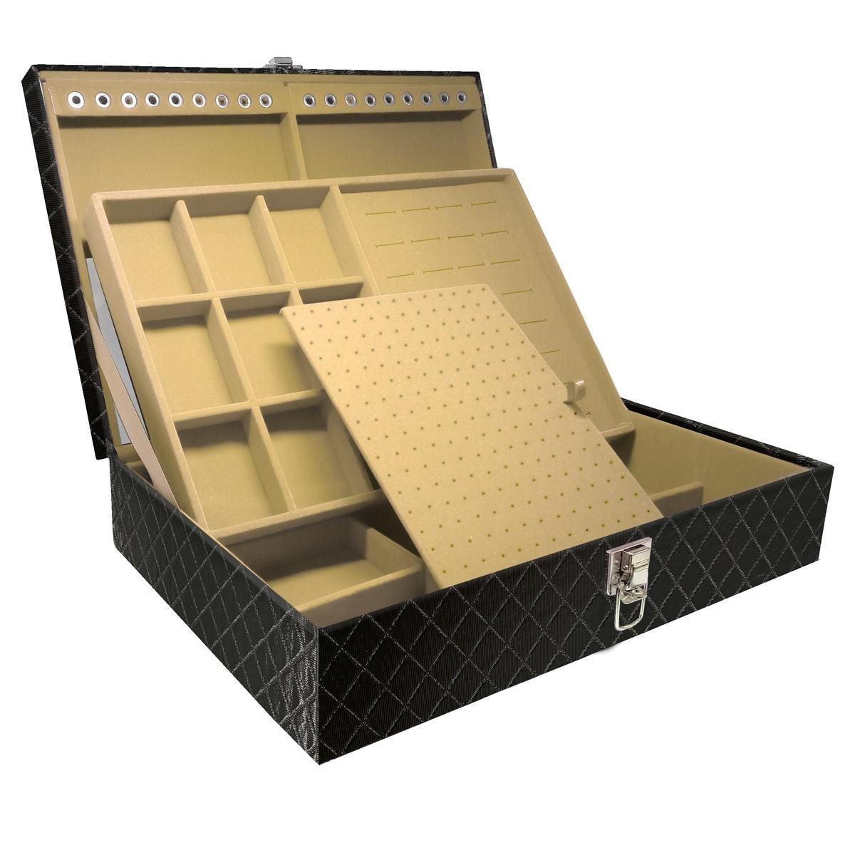 Estojo Maleta Porta Jóias Dupla Grande Dijon Preto Metalizado Sem Alça e Com Espelho