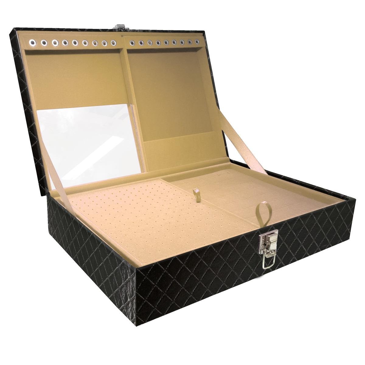 Estojo Maleta Porta Jóias Dupla Grande Dijon Preto Metalizado Sem Alça e Com Espelho