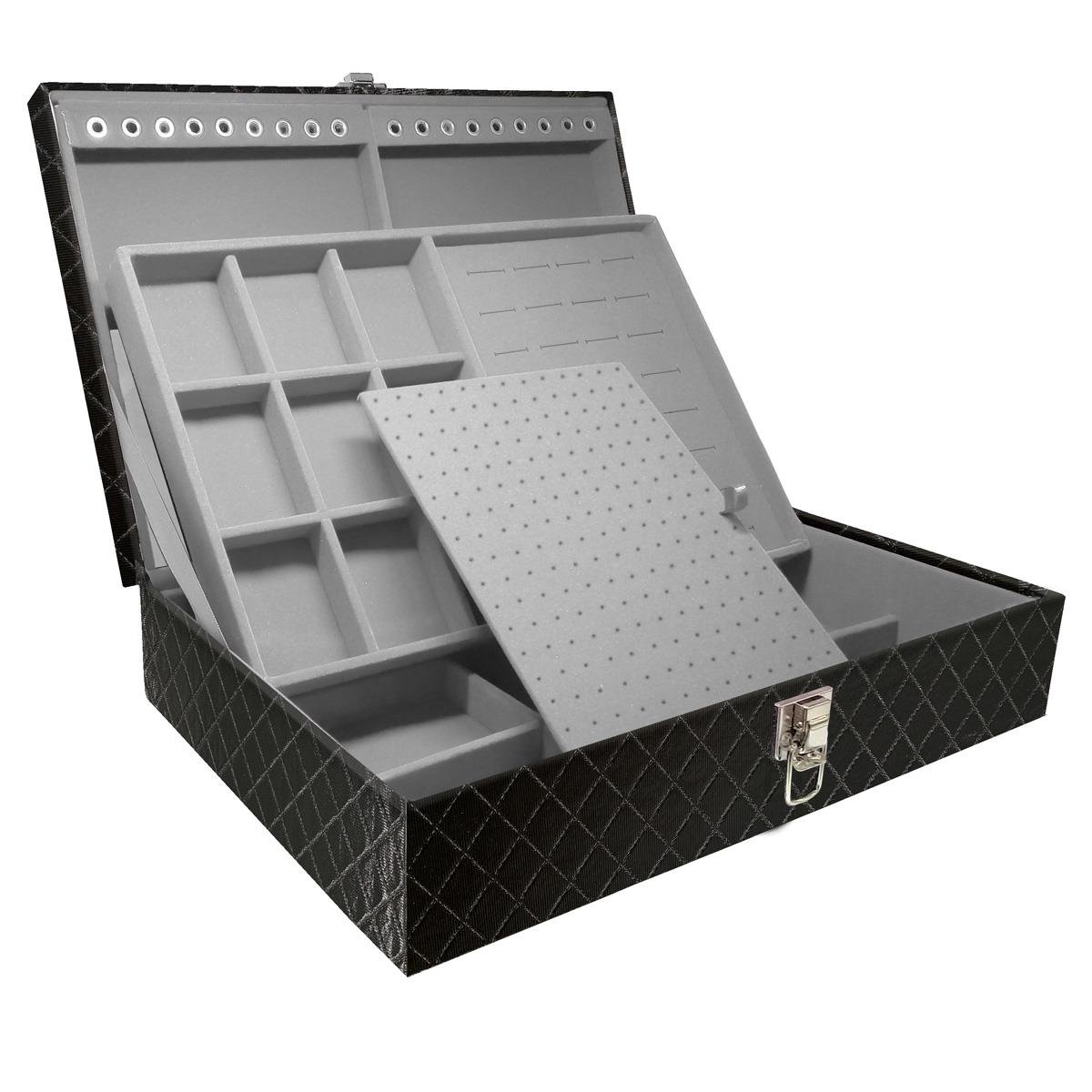 Estojo Maleta Porta Jóias Dupla Grande Dijon Preto Metalizado Sem Alça e Com Espelho