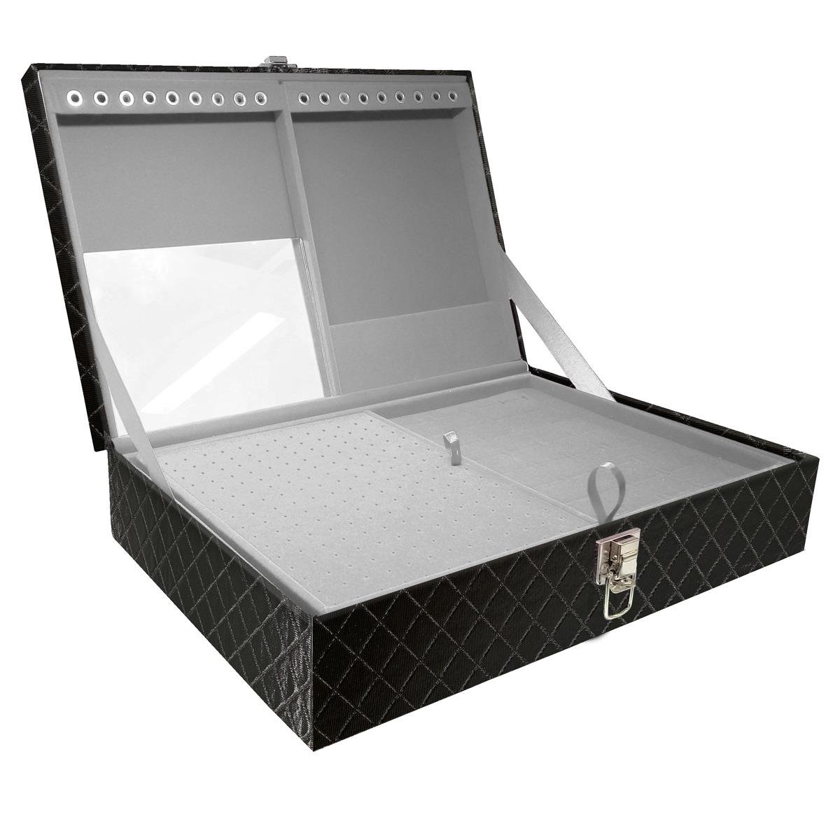 Estojo Maleta Porta Jóias Dupla Grande Dijon Preto Metalizado Sem Alça e Com Espelho