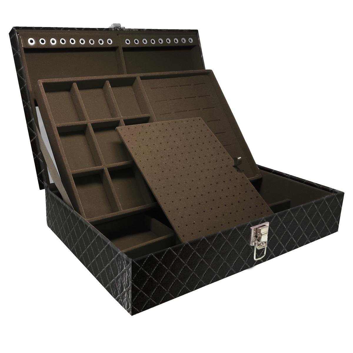 Estojo Maleta Porta Jóias Dupla Grande Dijon Preto Metalizado Sem Alça e Com Espelho