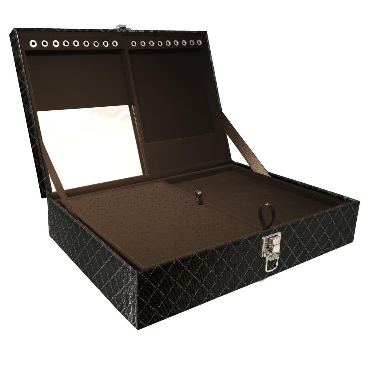 Estojo Maleta Porta Jóias Dupla Grande Dijon Preto Metalizado Sem Alça e Com Espelho