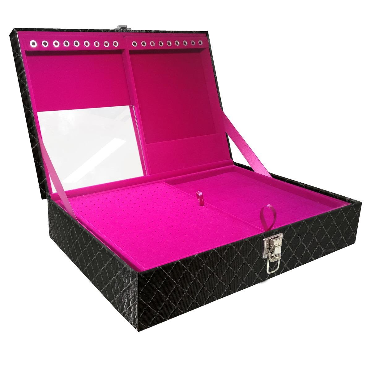 Estojo Maleta Porta Jóias Dupla Grande Dijon Preto Metalizado Sem Alça e Com Espelho