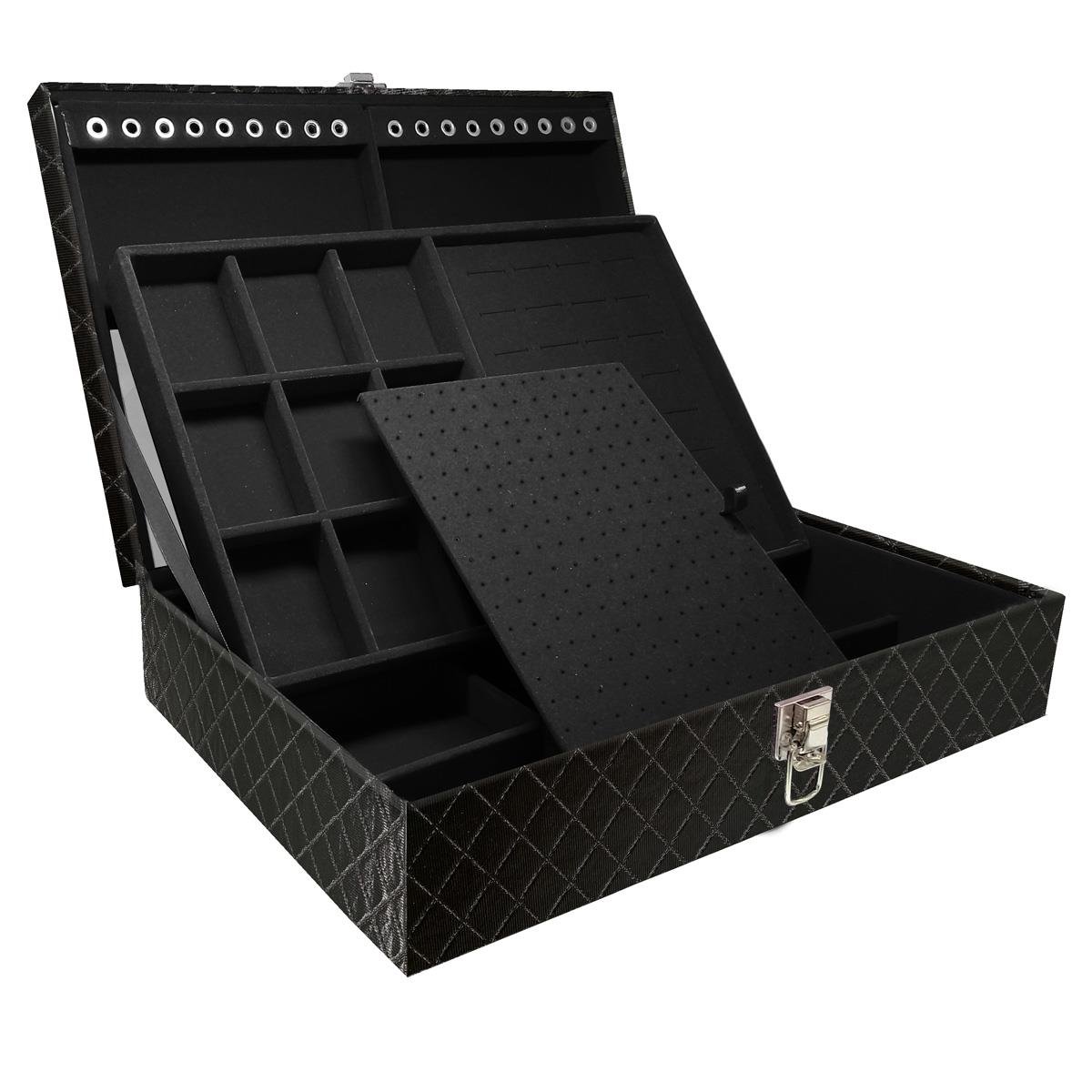 Estojo Maleta Porta Jóias Dupla Grande Dijon Preto Metalizado Sem Alça e Com Espelho