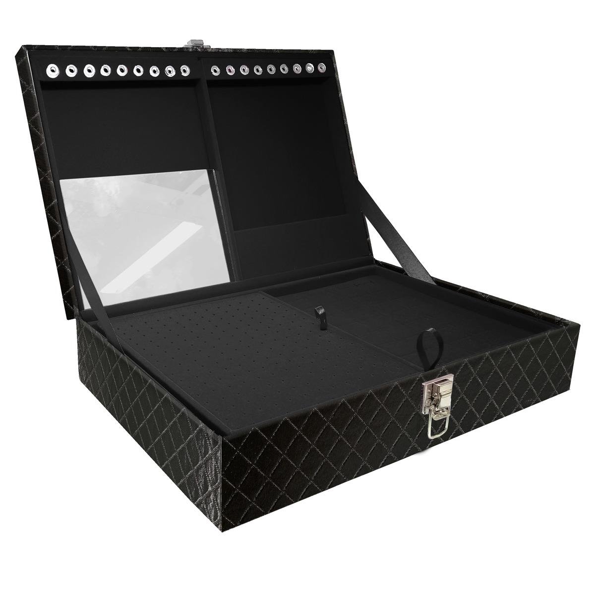 Estojo Maleta Porta Jóias Dupla Grande Dijon Preto Metalizado Sem Alça e Com Espelho