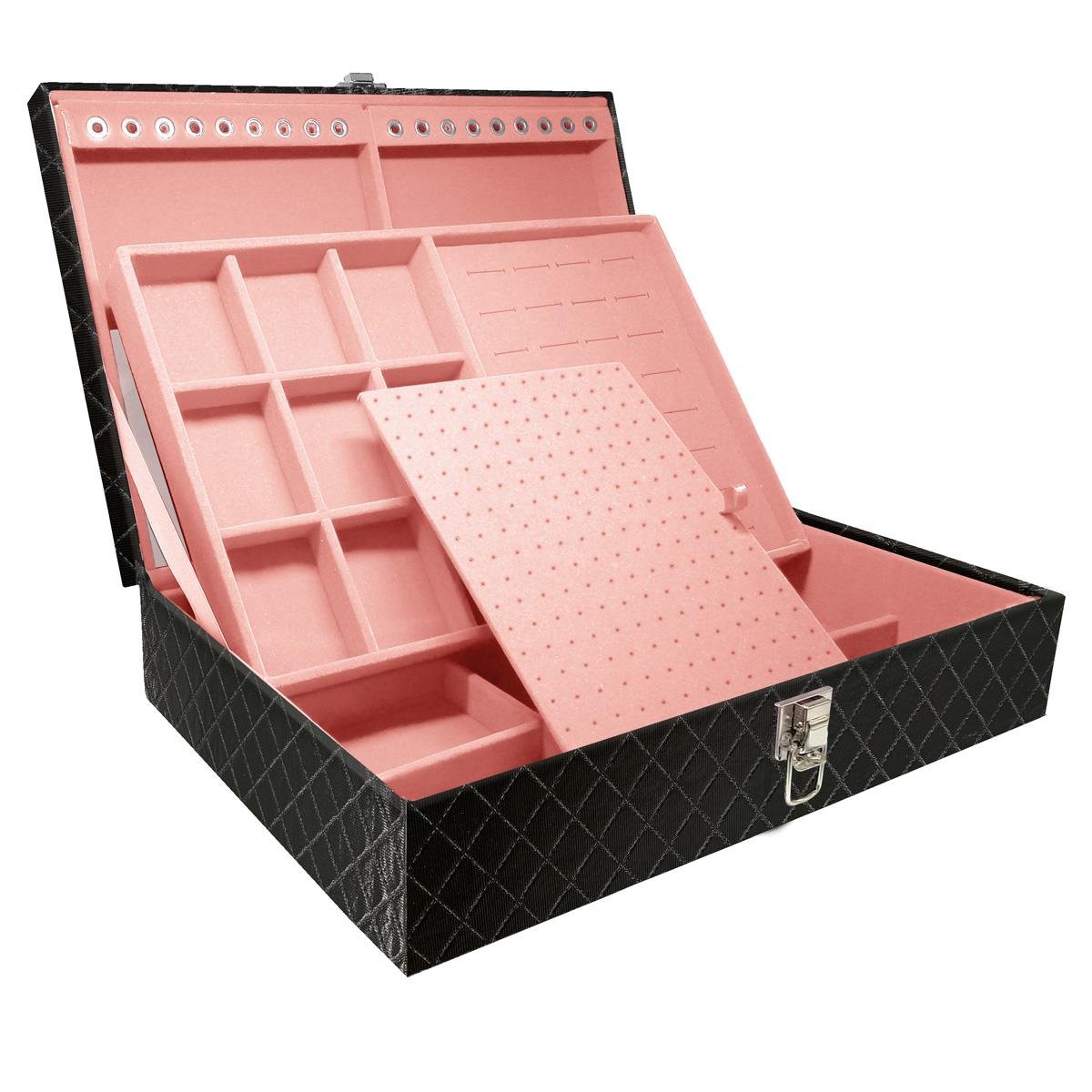 Estojo Maleta Porta Jóias Dupla Grande Dijon Preto Metalizado Sem Alça e Com Espelho