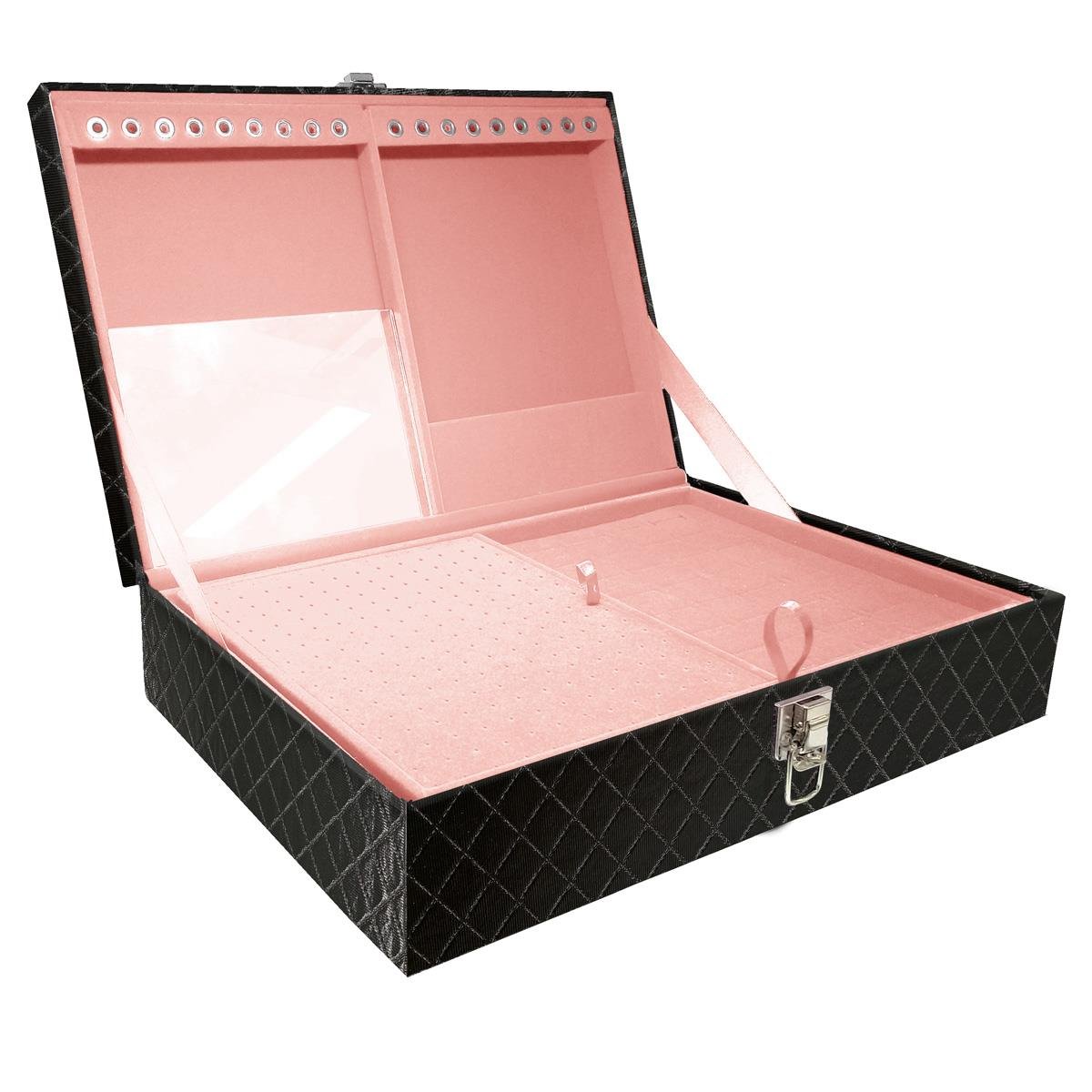 Estojo Maleta Porta Jóias Dupla Grande Dijon Preto Metalizado Sem Alça e Com Espelho