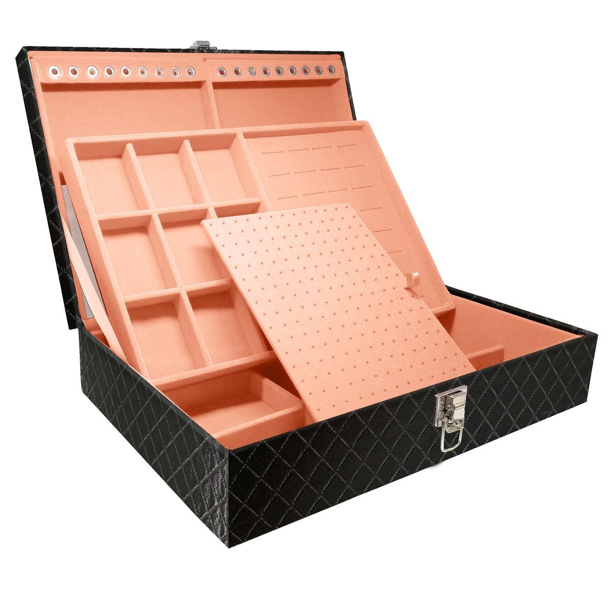 Estojo Maleta Porta Jóias Dupla Grande Dijon Preto Metalizado Sem Alça e Com Espelho