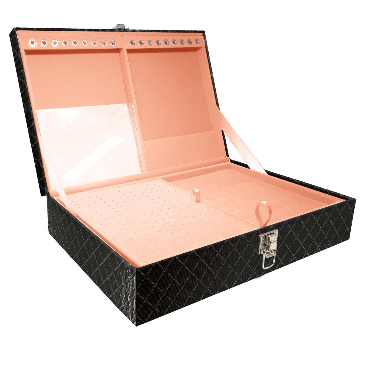 Estojo Maleta Porta Jóias Dupla Grande Dijon Preto Metalizado Sem Alça e Com Espelho
