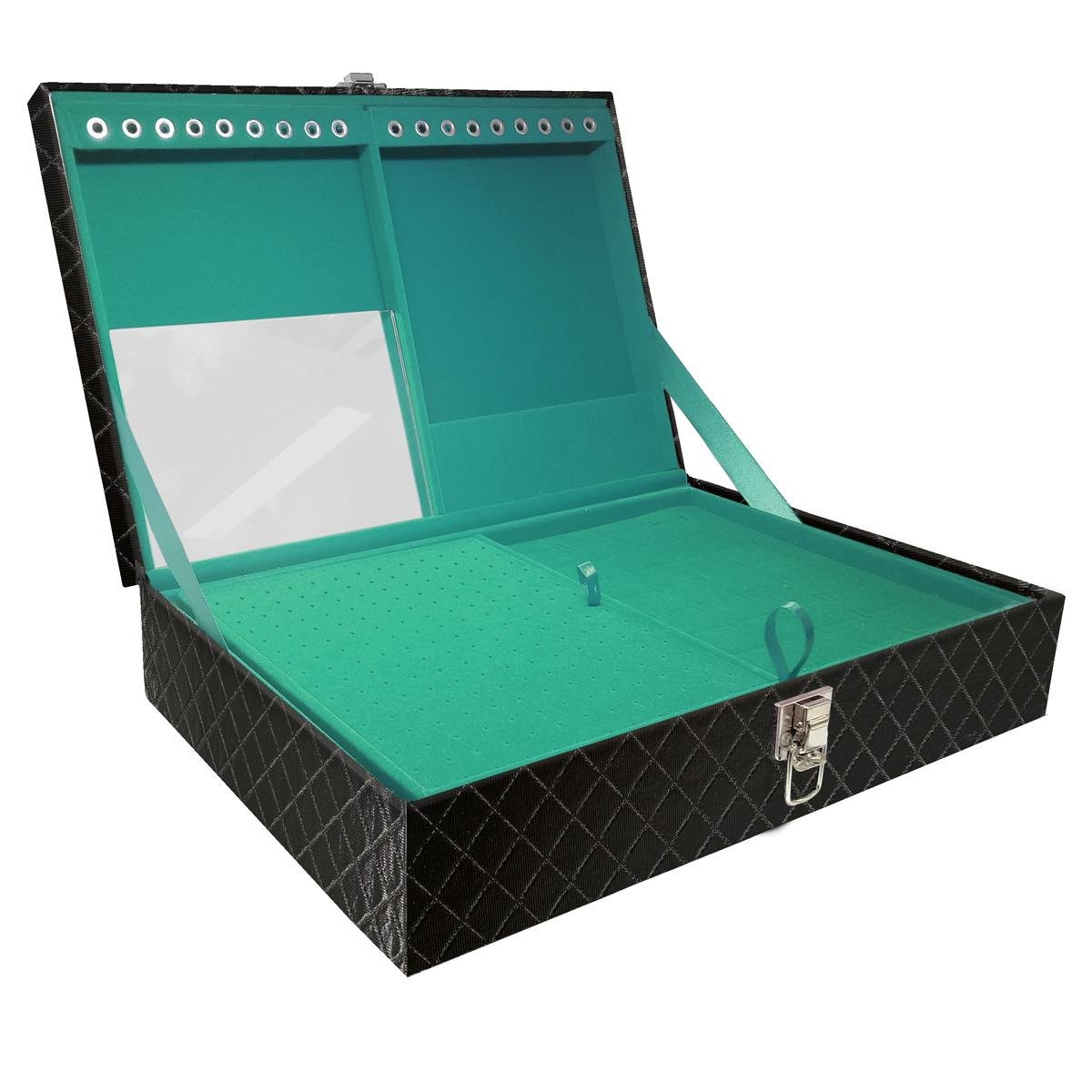 Estojo Maleta Porta Jóias Dupla Grande Dijon Preto Metalizado Sem Alça e Com Espelho