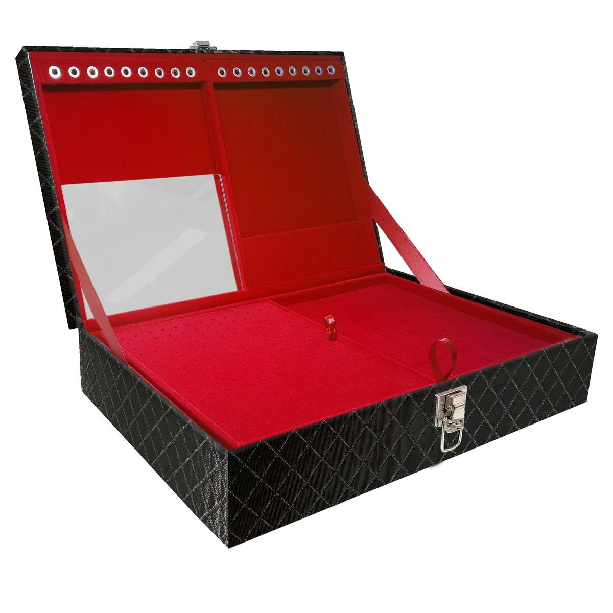 Estojo Maleta Porta Jóias Dupla Grande Dijon Preto Metalizado Sem Alça e Com Espelho