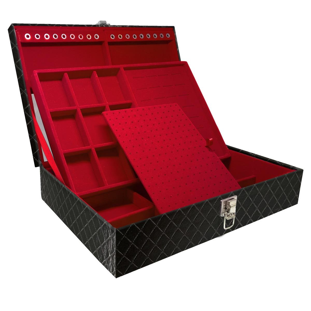 Estojo Maleta Porta Jóias Dupla Grande Dijon Preto Metalizado Sem Alça e Com Espelho