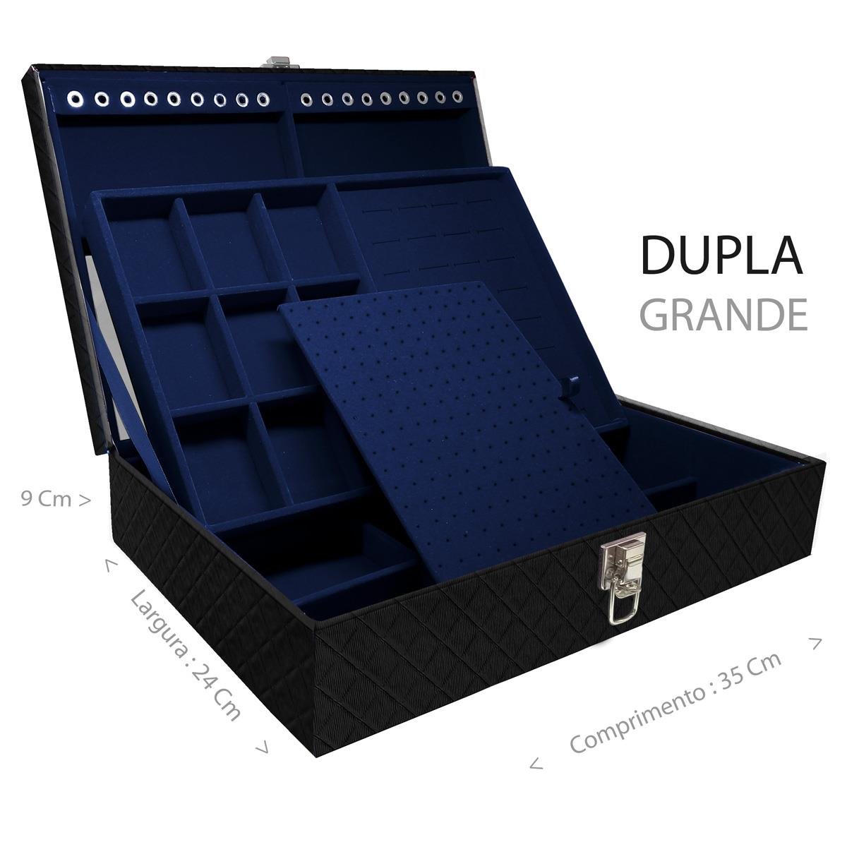 Estojo Maleta Porta Jóias Dupla Grande Dijon Preto Sem Alça e Com Espelho
