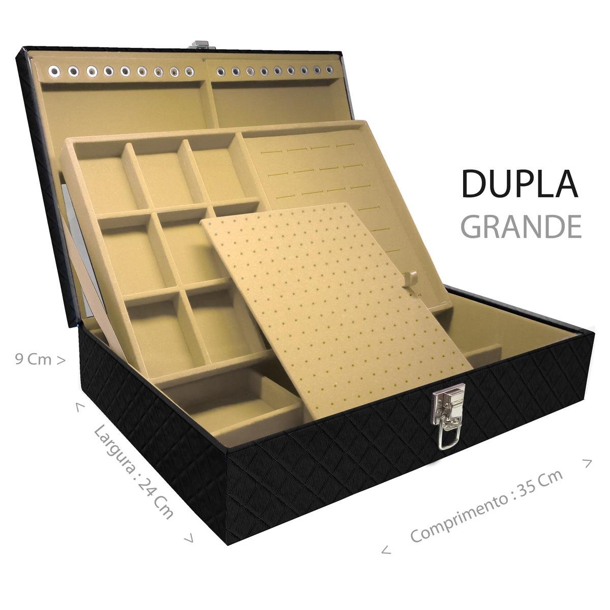 Estojo Maleta Porta Jóias Dupla Grande Dijon Preto Sem Alça e Com Espelho