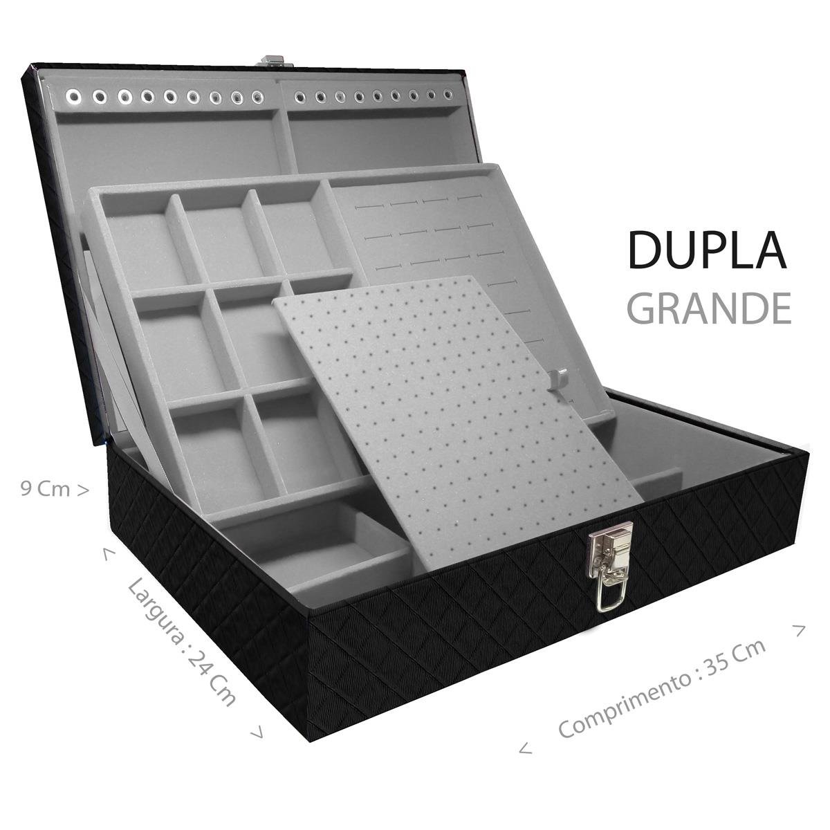 Estojo Maleta Porta Jóias Dupla Grande Dijon Preto Sem Alça e Com Espelho
