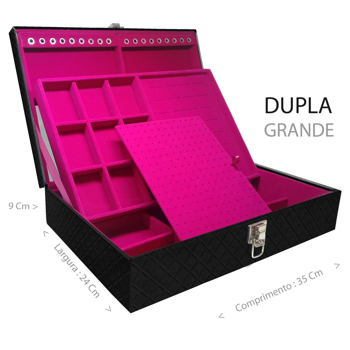 Estojo Maleta Porta Jóias Dupla Grande Dijon Preto Sem Alça e Com Espelho