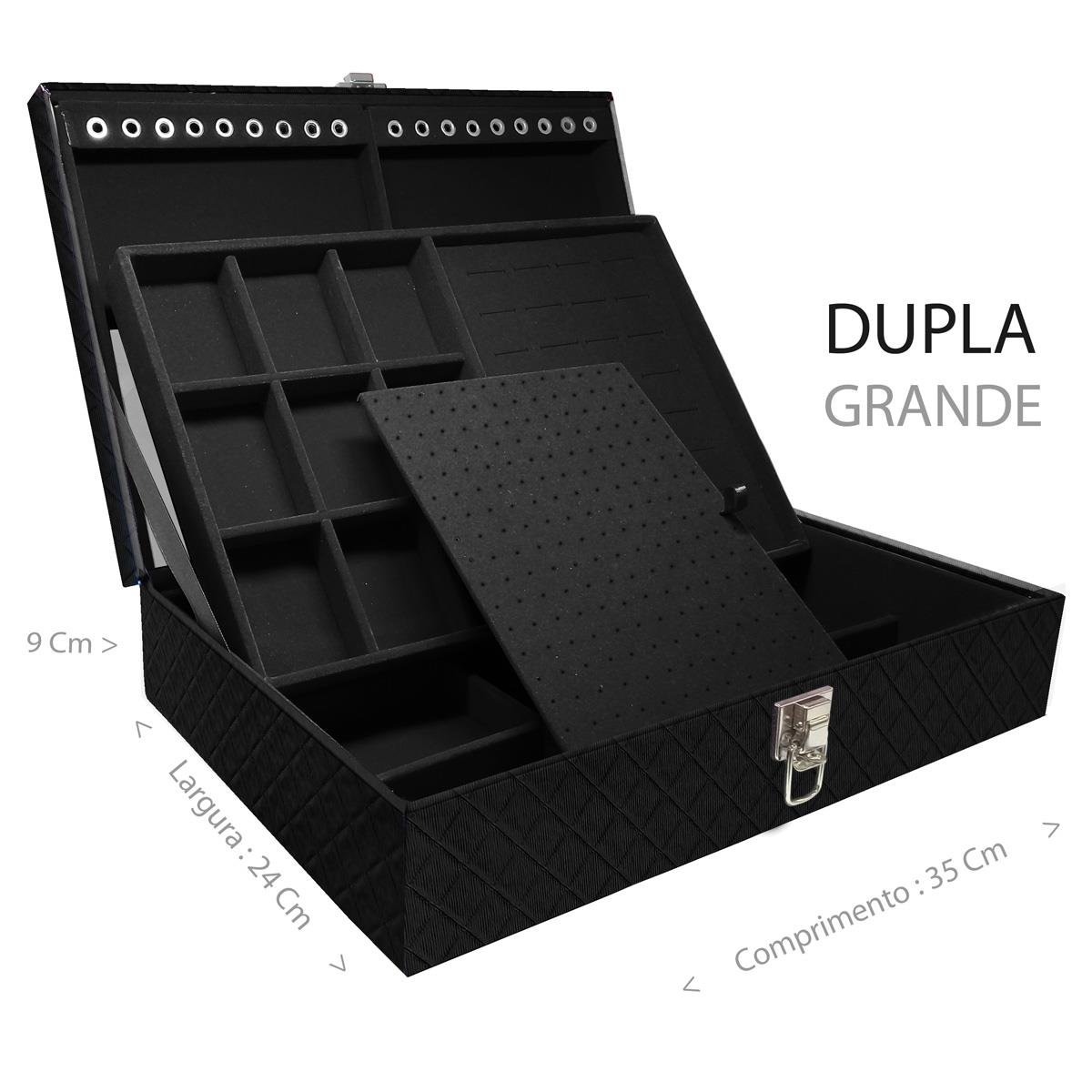 Estojo Maleta Porta Jóias Dupla Grande Dijon Preto Sem Alça e Com Espelho