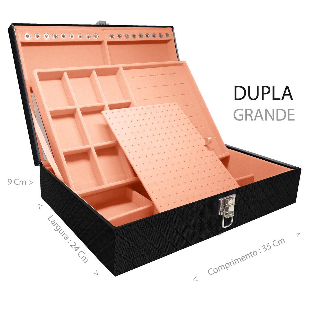 Estojo Maleta Porta Jóias Dupla Grande Dijon Preto Sem Alça e Com Espelho