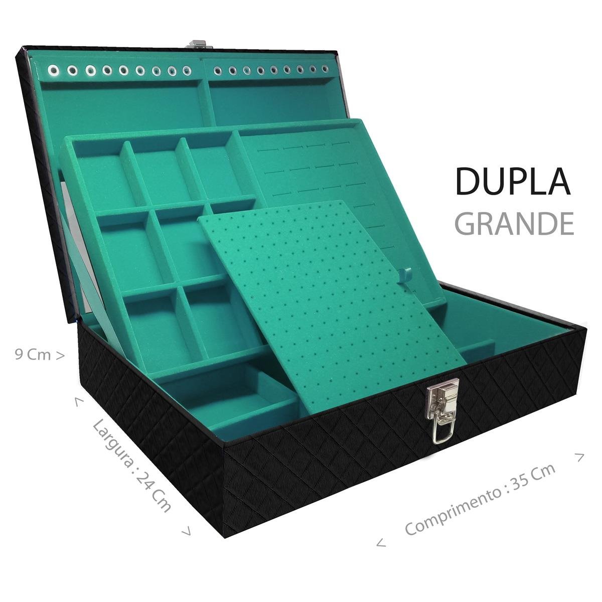 Estojo Maleta Porta Jóias Dupla Grande Dijon Preto Sem Alça e Com Espelho