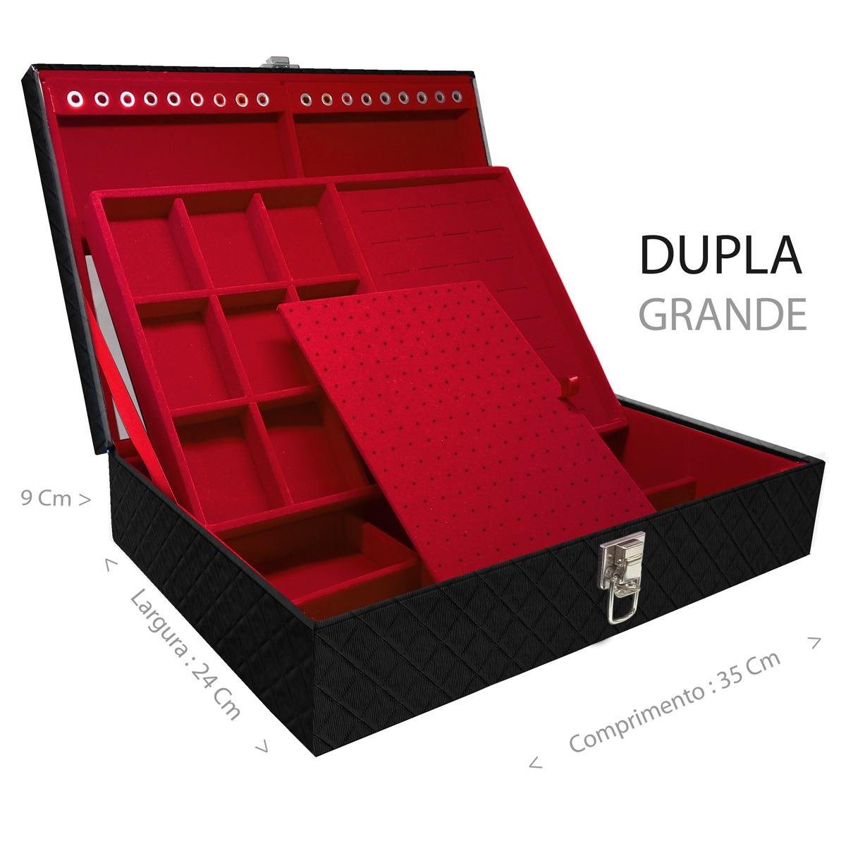 Estojo Maleta Porta Jóias Dupla Grande Dijon Preto Sem Alça e Com Espelho