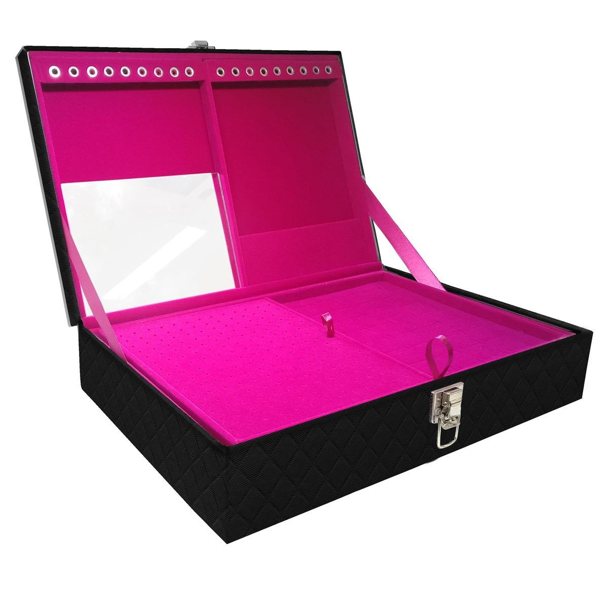 Estojo Maleta Porta Jóias Dupla Grande Dijon Preto Sem Alça e Com Espelho