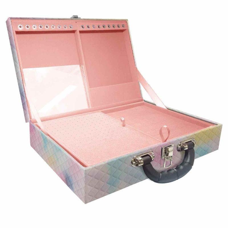 Estojo Maleta Porta Jóias Duplo Grande Dijon Rosa Bebê Com Alça Cromada e Espelho