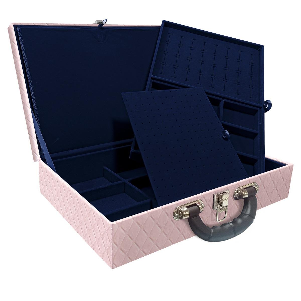 Estojo Maleta Porta Jóias Duplo Grande Dijon Rosa Bebê Com Alça Preta e Espelho
