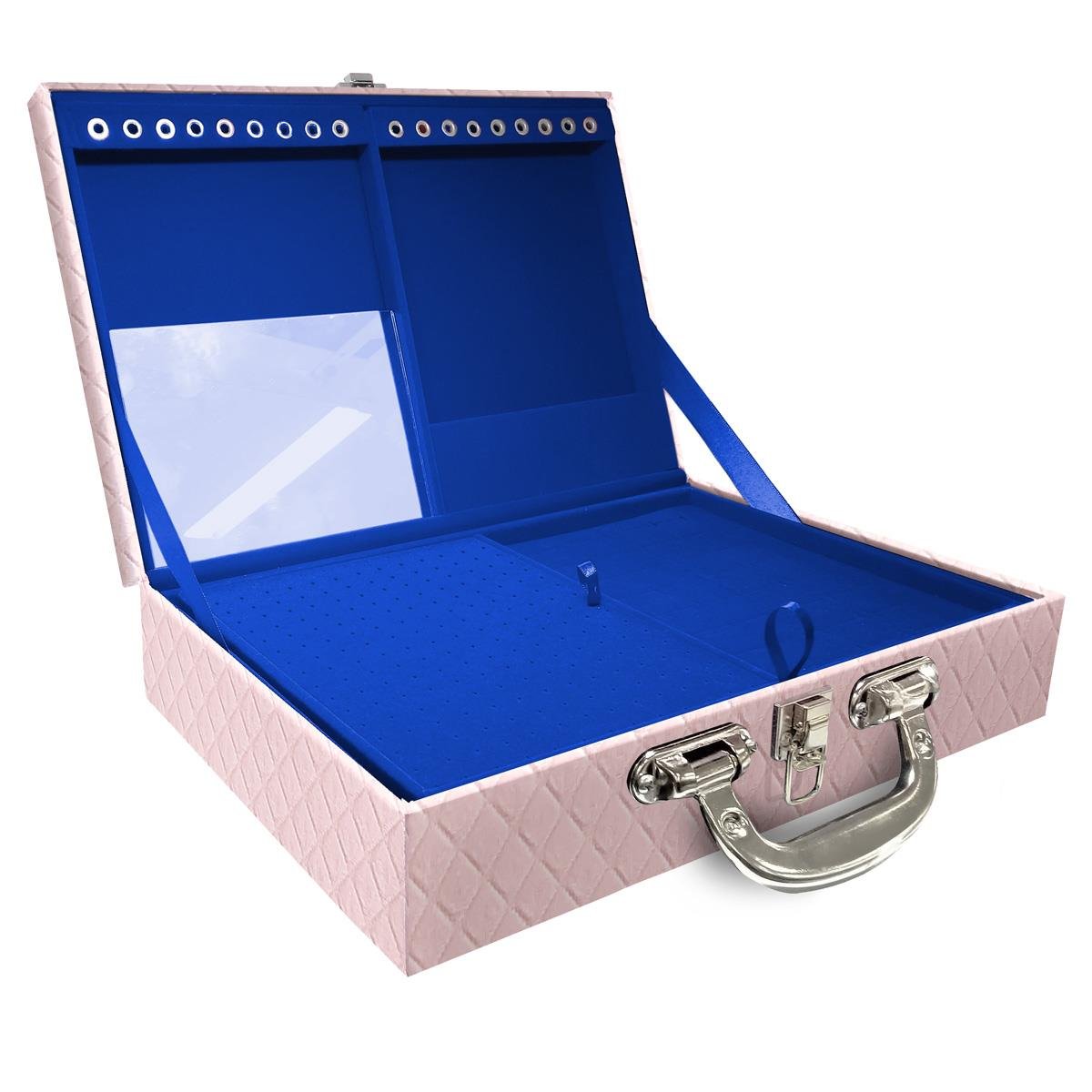 Estojo Maleta Porta Jóias Duplo Grande Dijon Rosa Bebê Com Alça Preta e Espelho