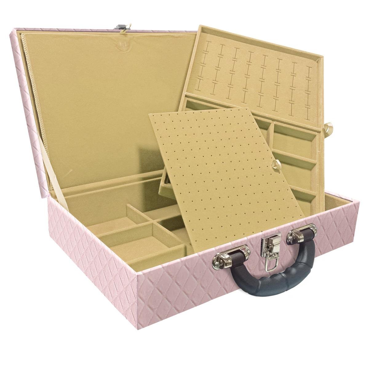 Estojo Maleta Porta Jóias Duplo Grande Dijon Rosa Bebê Com Alça Preta e Espelho