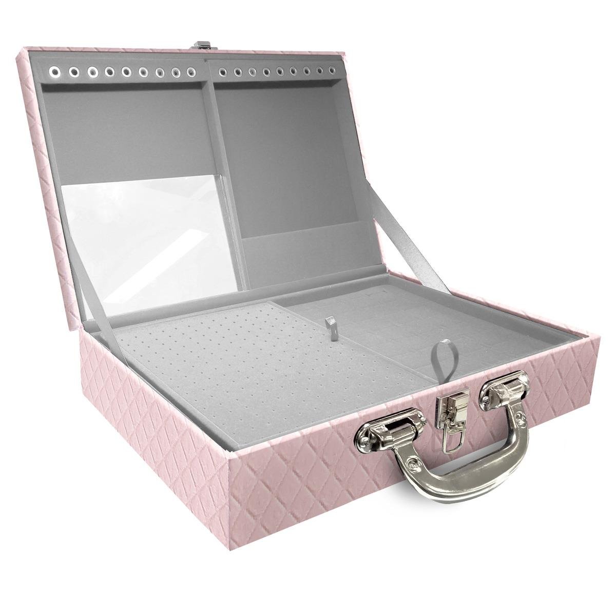 Estojo Maleta Porta Jóias Duplo Grande Dijon Rosa Bebê Com Alça Preta e Espelho