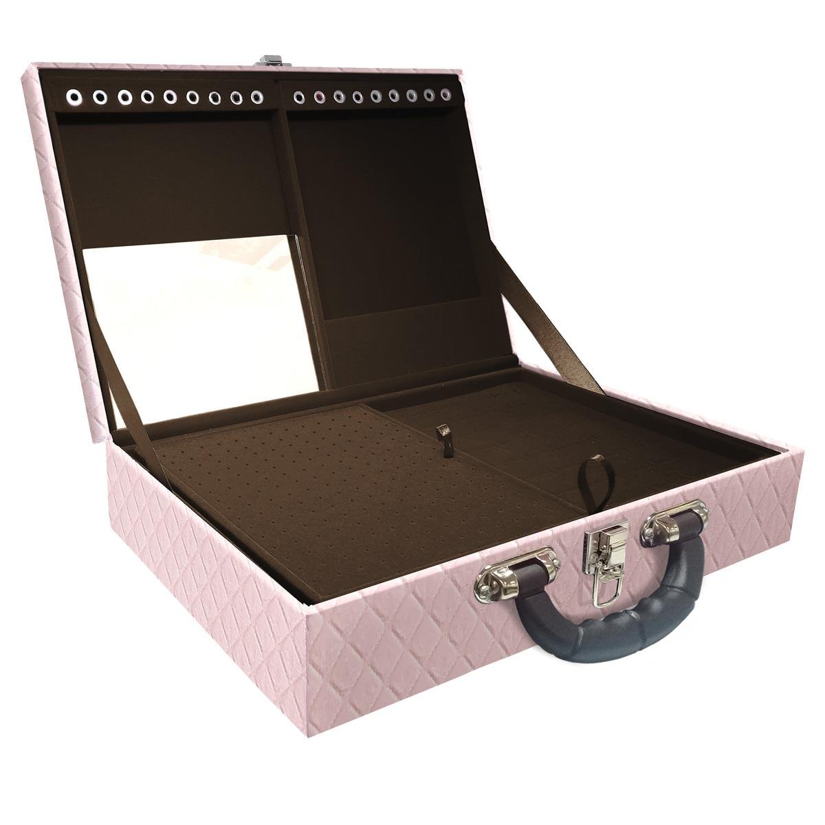 Estojo Maleta Porta Jóias Duplo Grande Dijon Rosa Bebê Com Alça Preta e Espelho