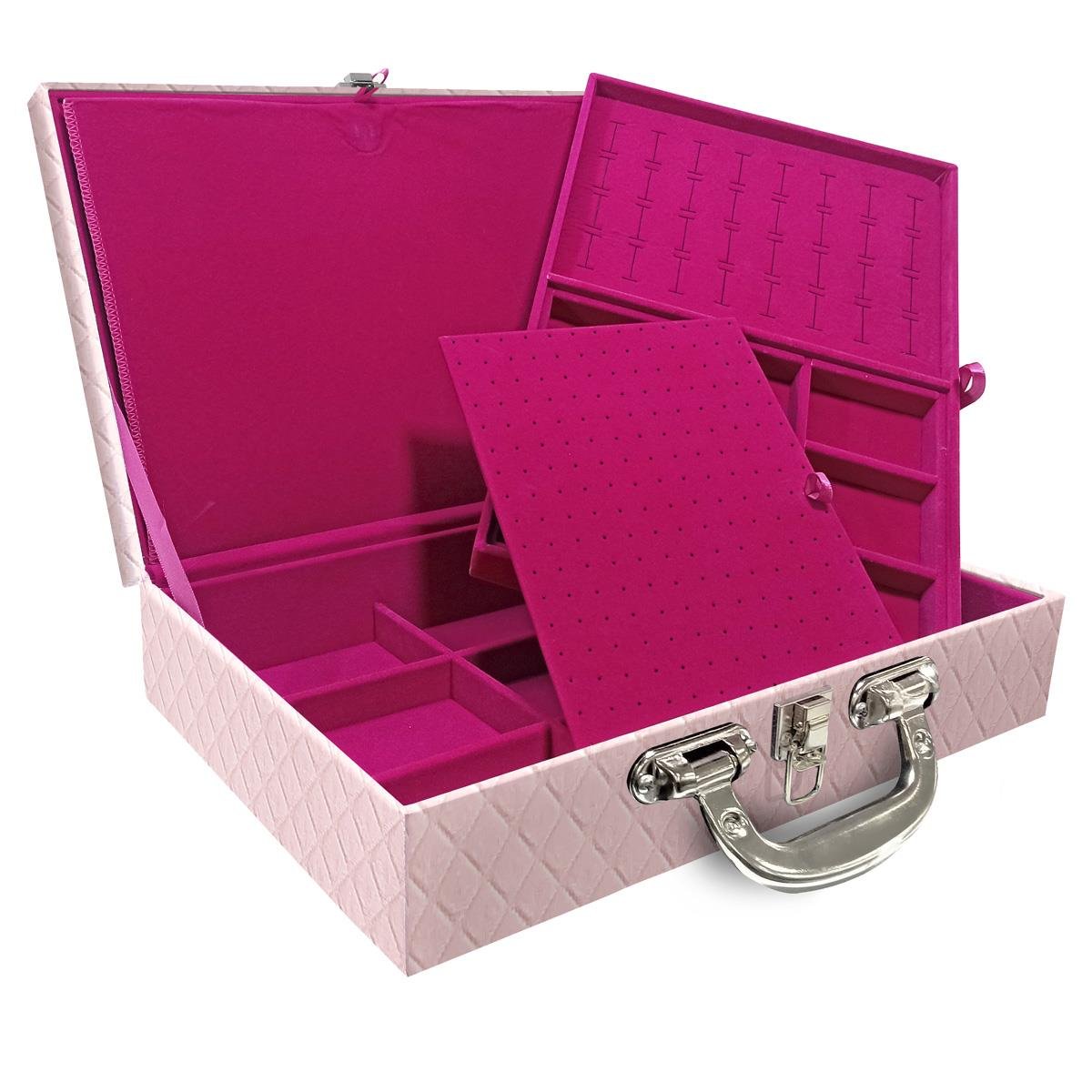 Estojo Maleta Porta Jóias Duplo Grande Dijon Rosa Bebê Com Alça Preta e Espelho