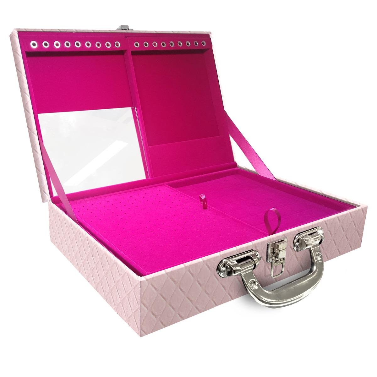 Estojo Maleta Porta Jóias Duplo Grande Dijon Rosa Bebê Com Alça Preta e Espelho