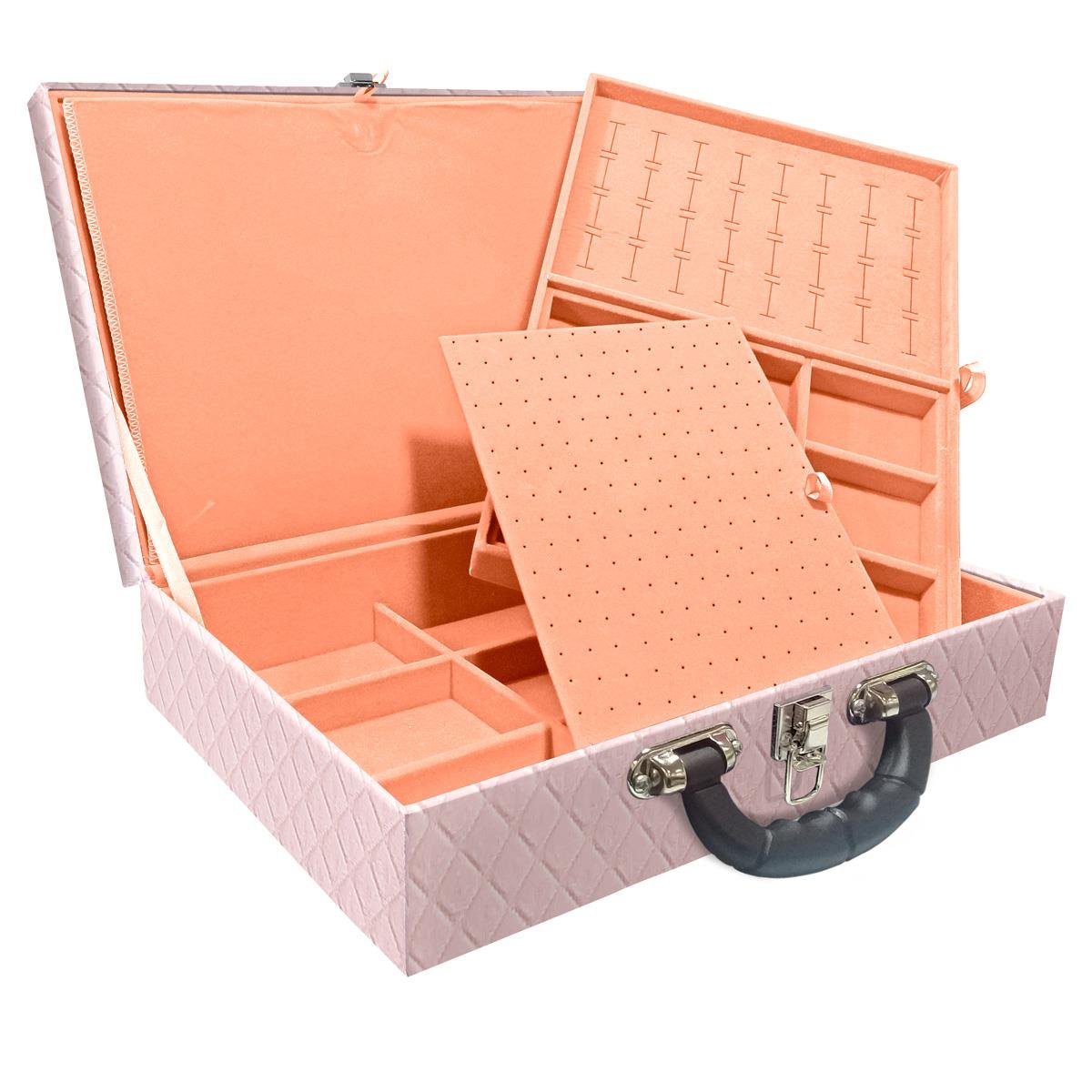 Estojo Maleta Porta Jóias Duplo Grande Dijon Rosa Bebê Com Alça Preta e Espelho