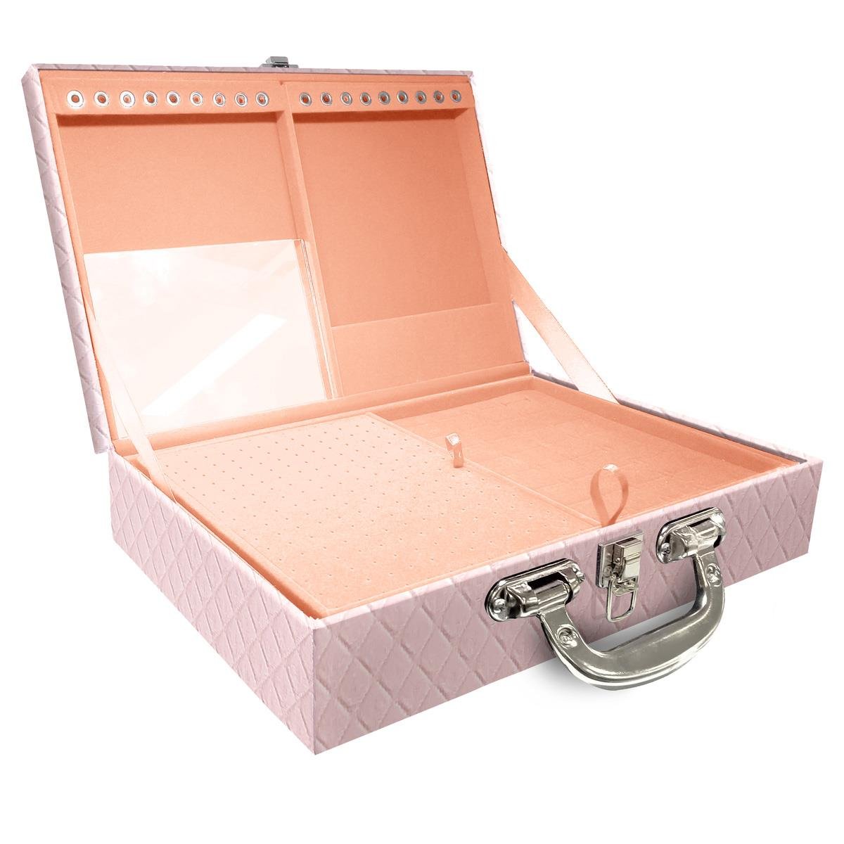 Estojo Maleta Porta Jóias Duplo Grande Dijon Rosa Bebê Com Alça Preta e Espelho