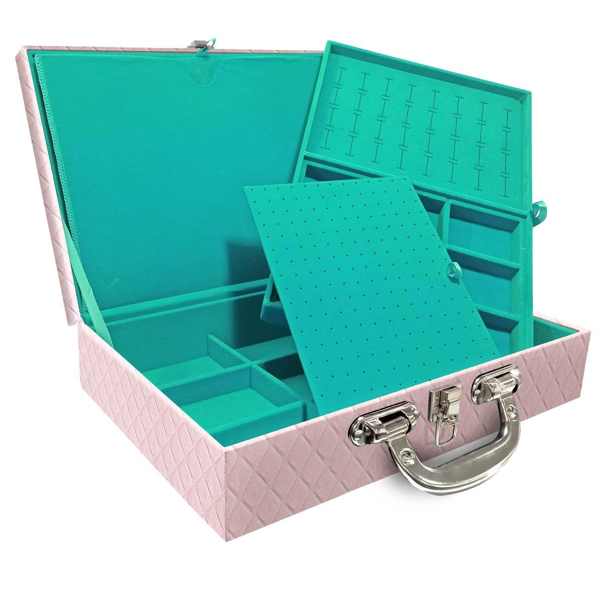 Estojo Maleta Porta Jóias Duplo Grande Dijon Rosa Bebê Com Alça Preta e Espelho