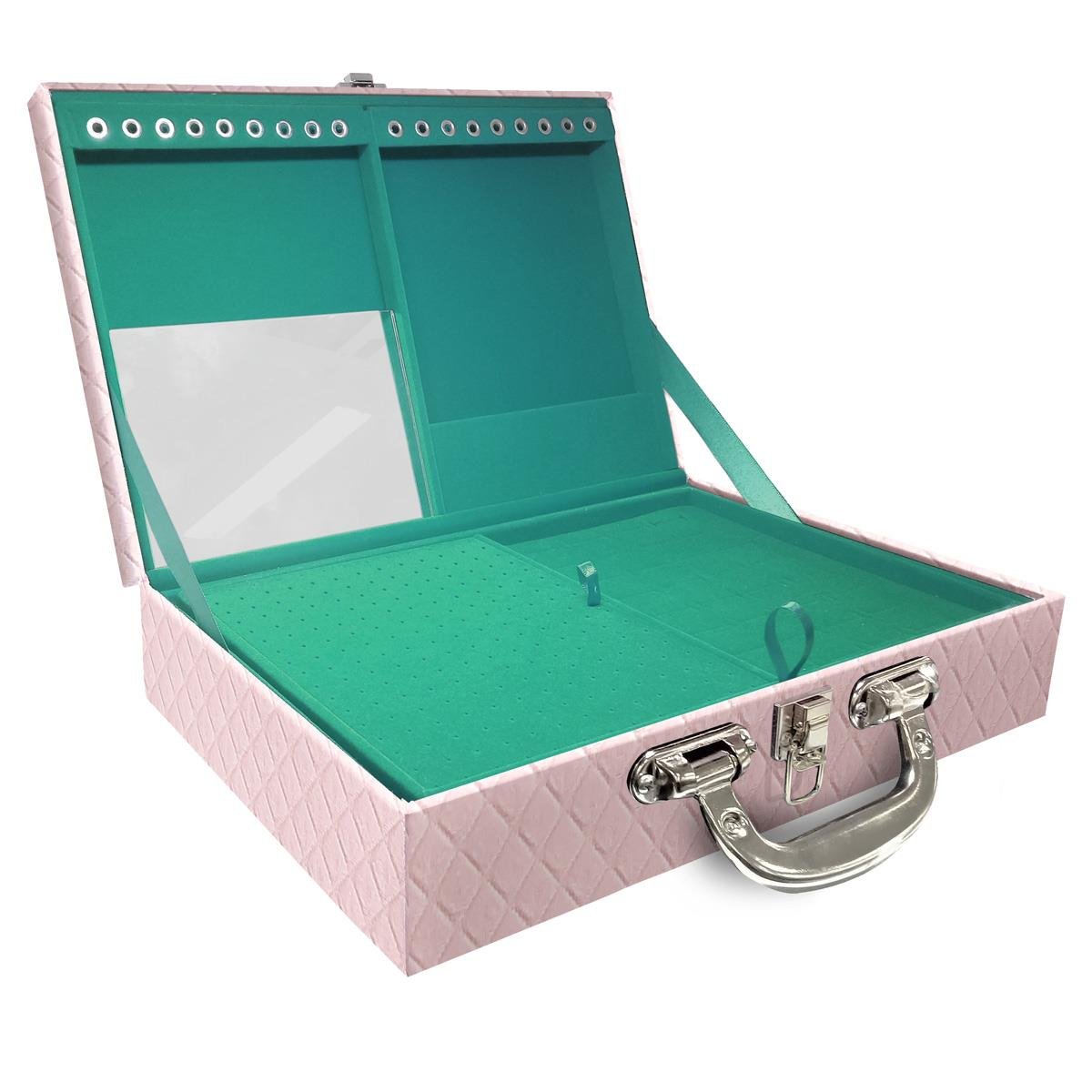 Estojo Maleta Porta Jóias Duplo Grande Dijon Rosa Bebê Com Alça Preta e Espelho