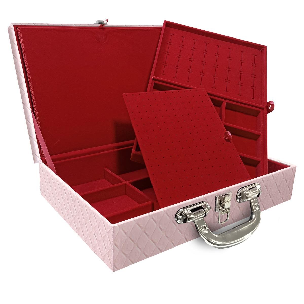 Estojo Maleta Porta Jóias Duplo Grande Dijon Rosa Bebê Com Alça Preta e Espelho