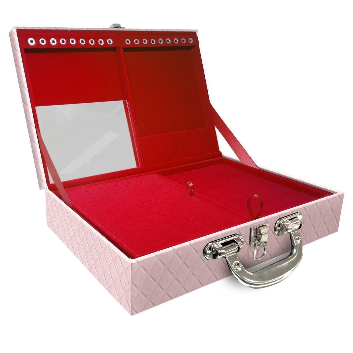 Estojo Maleta Porta Jóias Duplo Grande Dijon Rosa Bebê Com Alça Preta e Espelho