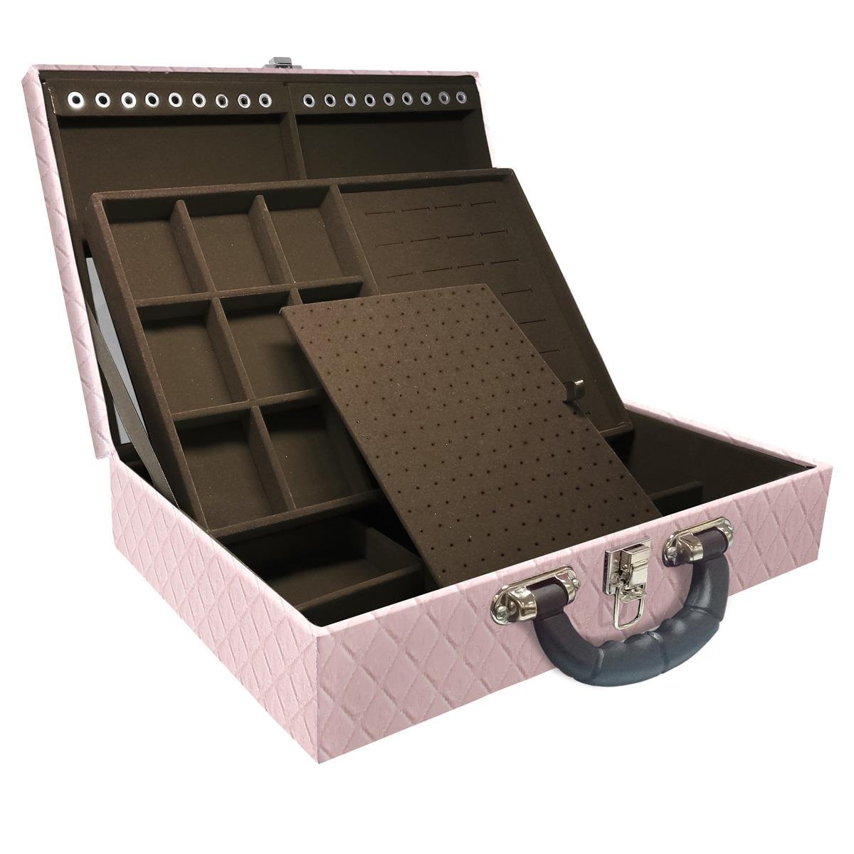 Estojo Maleta Porta Jóias Duplo Grande Dijon Rosa Bebê Com Alça Preta e Espelho