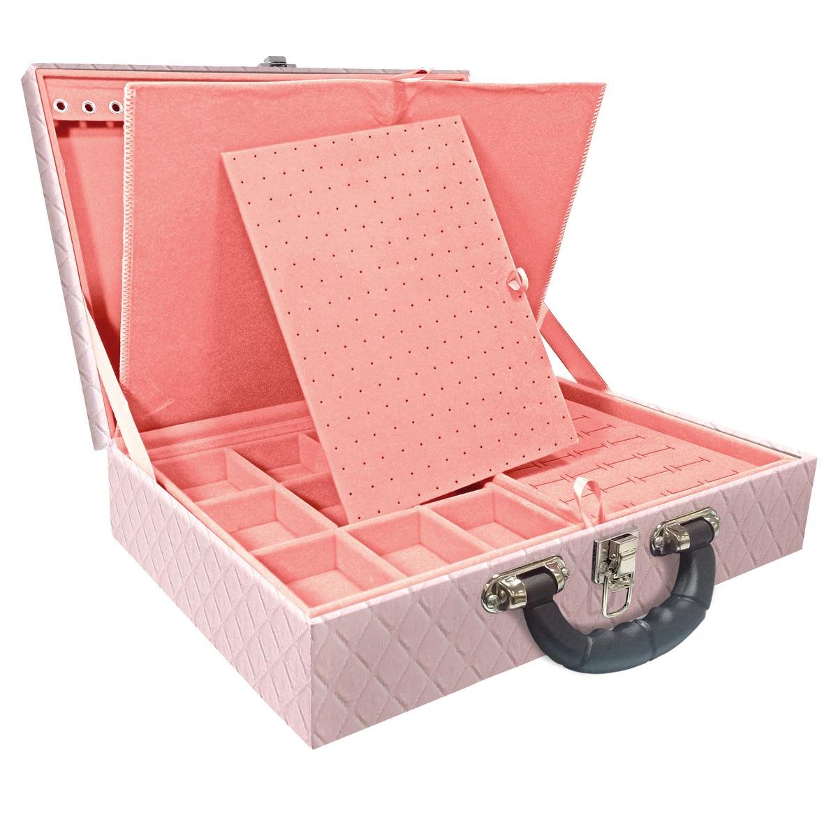 Estojo Maleta Porta Jóias Duplo Grande Dijon Rosa Bebê Com Alça Preta e Imã