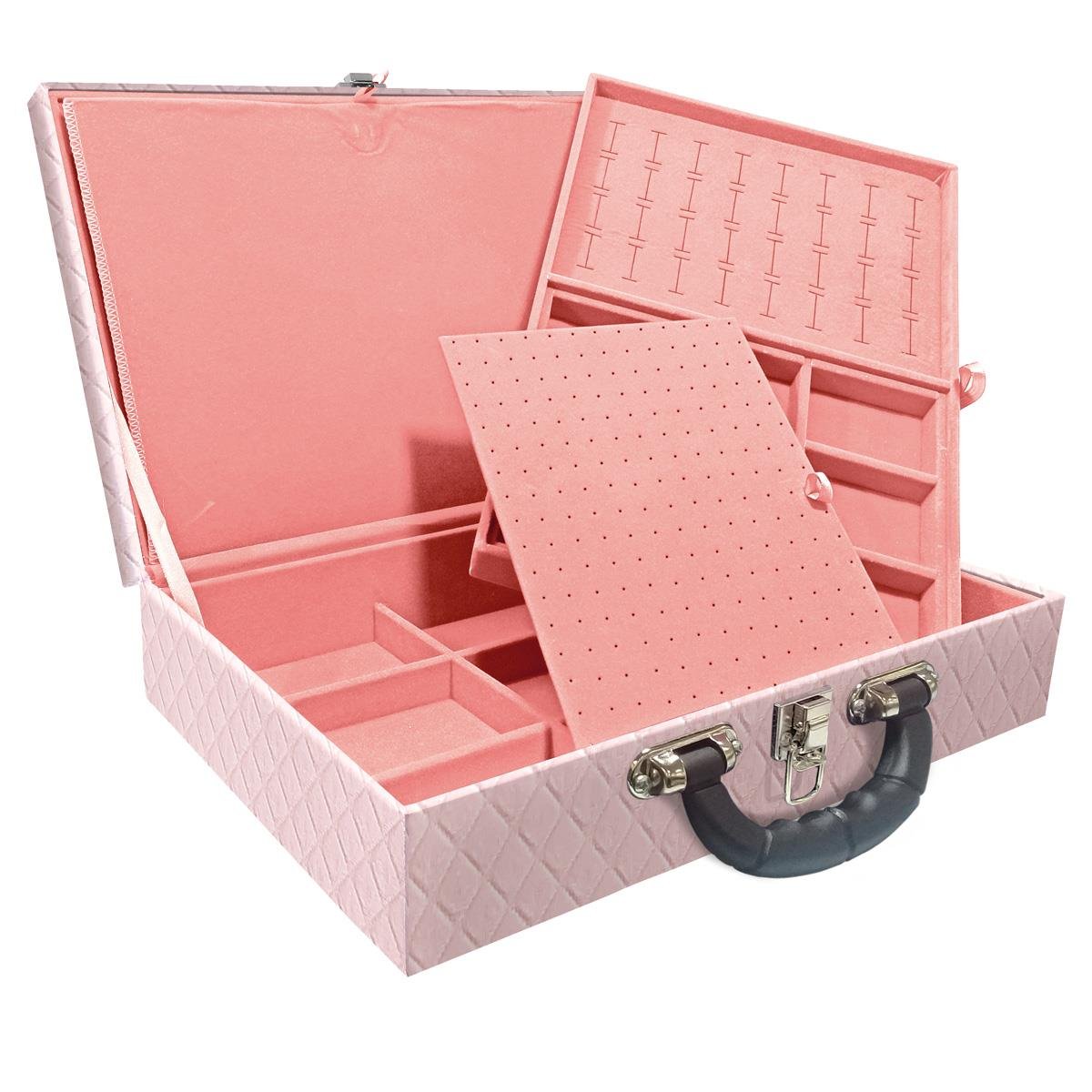 Estojo Maleta Porta Jóias Duplo Grande Dijon Rosa Bebê Com Alça Preta e Imã