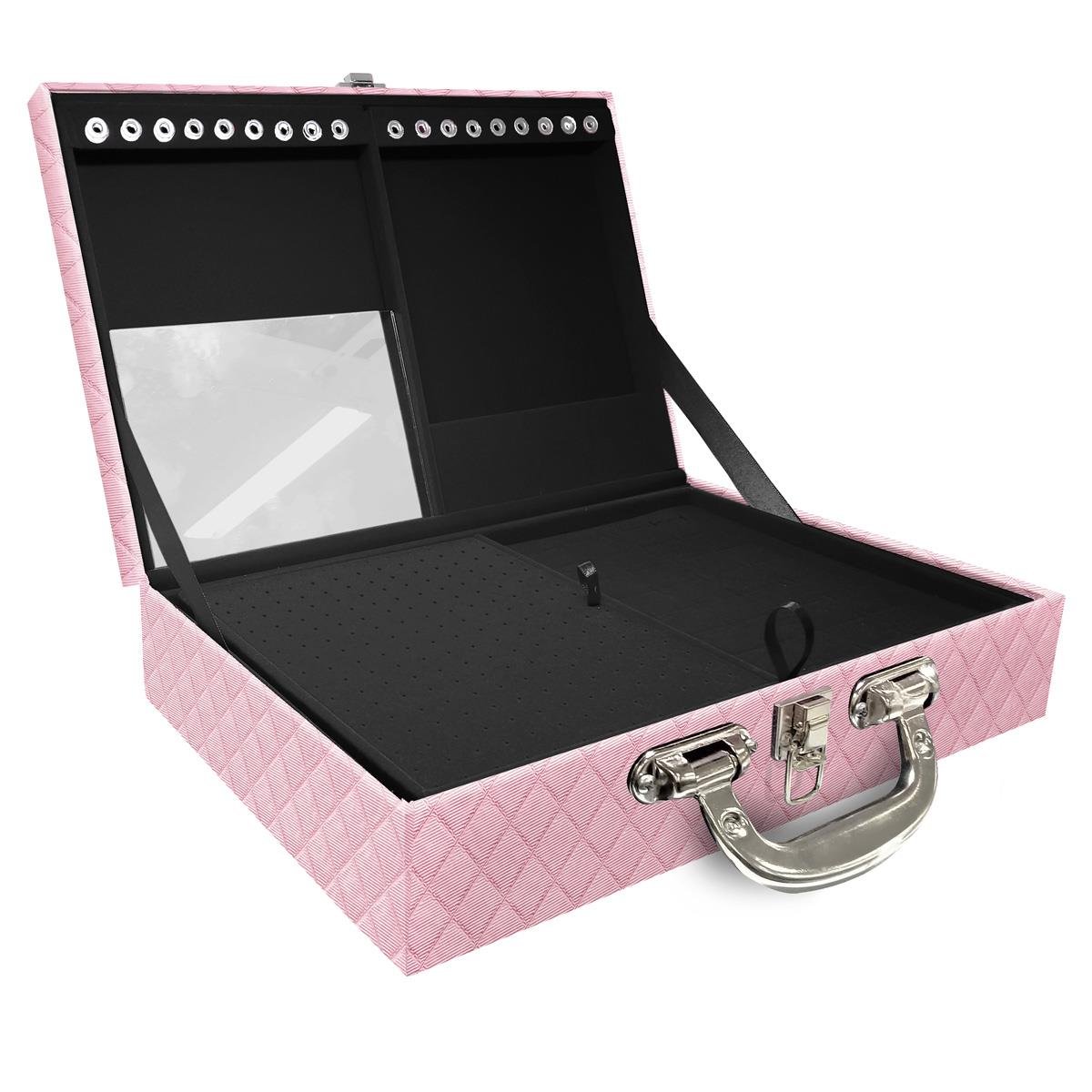 Maleta Dupla Grande Dijon Rosa Bebê Metalizado Com Alça Cromada e Espelho - Sob Encomenda