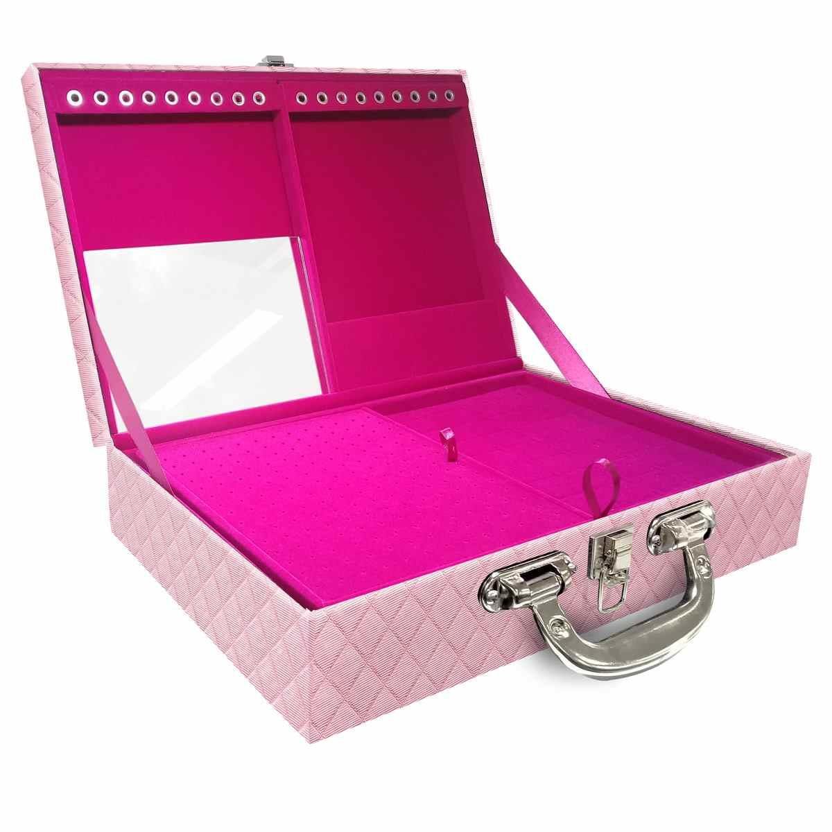 Estojo Maleta Porta Jóias Dupla Grande Dijon Rosa Bebê Metalizado Com Alça Cromada e Espelho