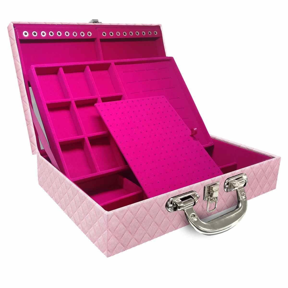 Estojo Maleta Porta Jóias Dupla Grande Dijon Rosa Bebê Metalizado Com Alça Cromada e Espelho